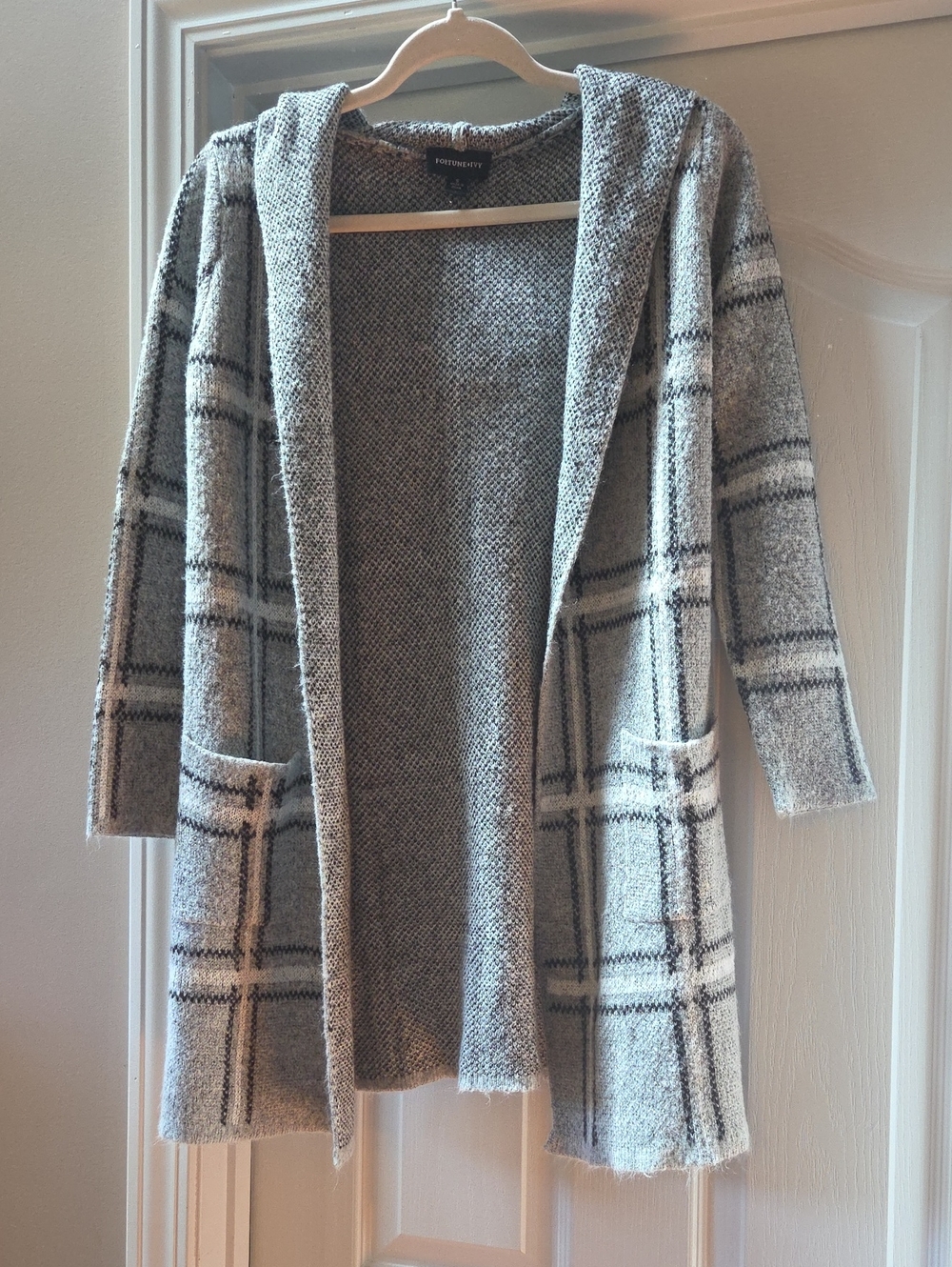 Open-Front Hooded Plaid Cardigan Sweater - Gray